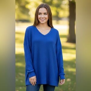 Zenana Outfitters Sweater Womens Blue V-Neck Long Sleeve Lightweight size large